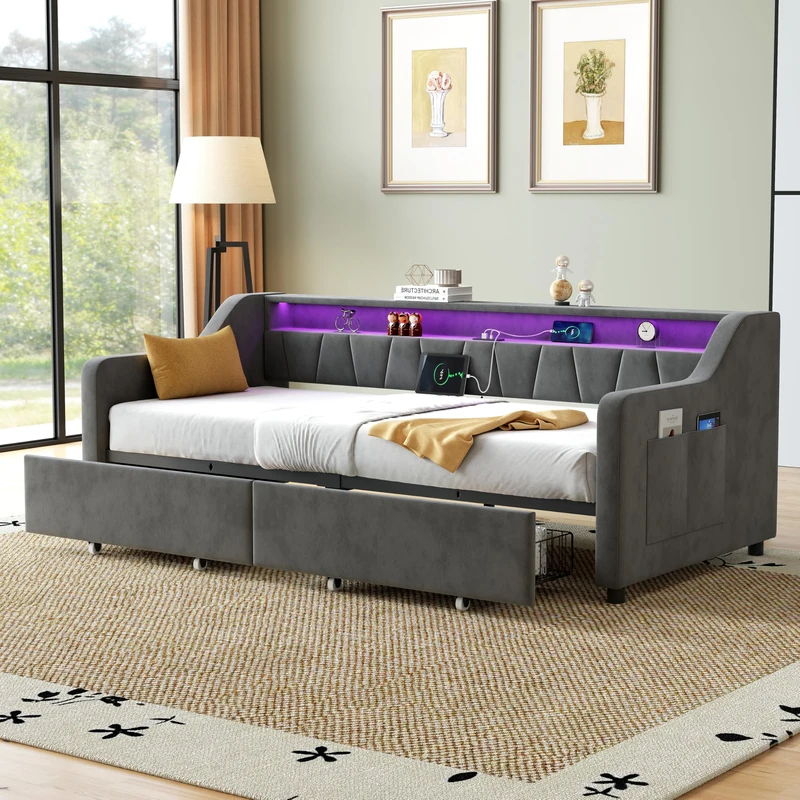 Ball & Cast Upholstered Bed, 3ft Single Bed 90x190cm, Daybed Sofa Bed with Light Strip, Charging Port, 1 Type A +1 Type C,2 Drawers on Wheels, For Adults & Teenagers, Easy Assembly, Velvet, Grey