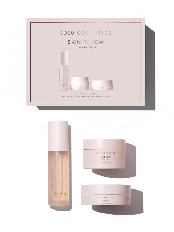 SOSU Cosmetics Skin Renew Collection Gift Set, Cleansing Oil, Aqua Face Mask, Hydrating Eye Gels, 3-Piece Skincare Set - Image 1