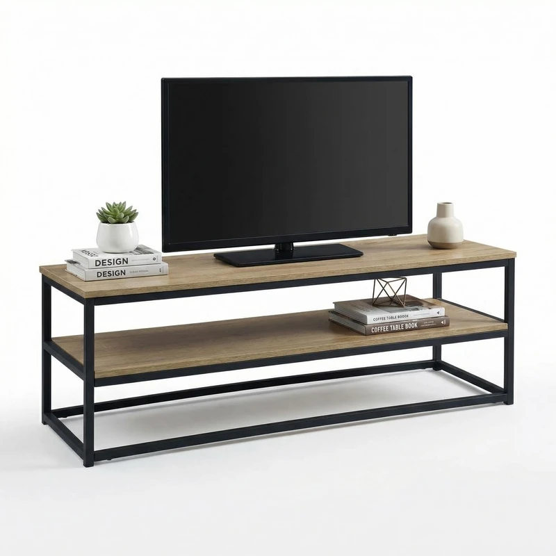 FurnitureR 120cm Industrial TV Stand with Storage Shelf, MDF Wood & Metal Frame TV Unit for Living Room, Rustic Media Console Table 120x40x42cm