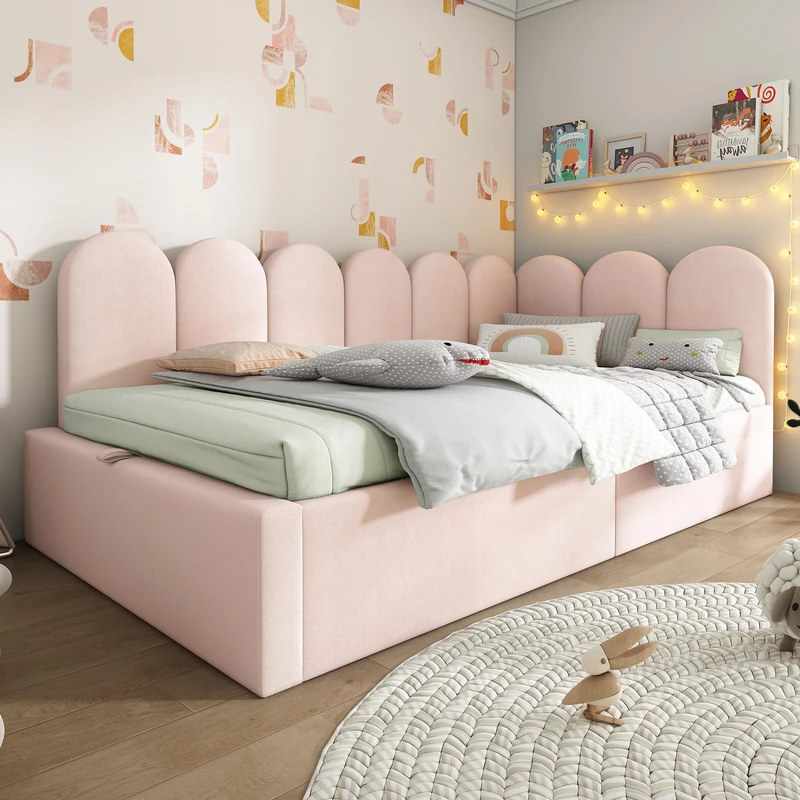 Ball & Cast Single Pink Upholstered Bed, 3ft Single Sofa Day Bed with Storage-2 drawers on wheels, with interchangeable Upholstered Fence, Slatted Frame, for Adults Children, Velvet/90x190cm
