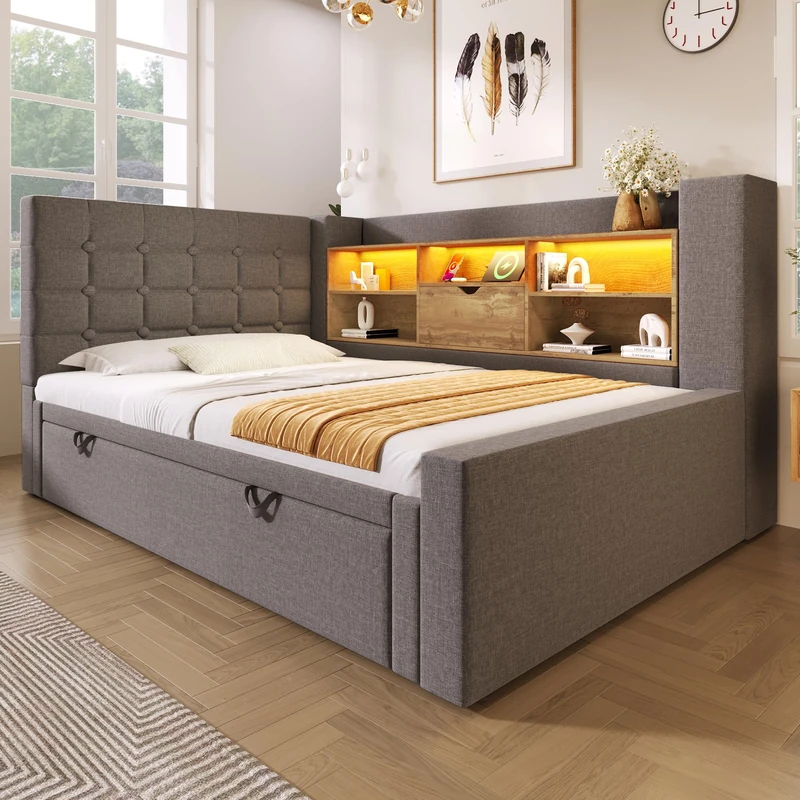Ball & Cast Daybed with Pull Out Trundle Bed, Single Upholstered Sofa Bed with Storage Compartments,LED Lighting,USB&Type C Charging Station, for Living Room and Bedroom, Linen+Grey/90x190cm