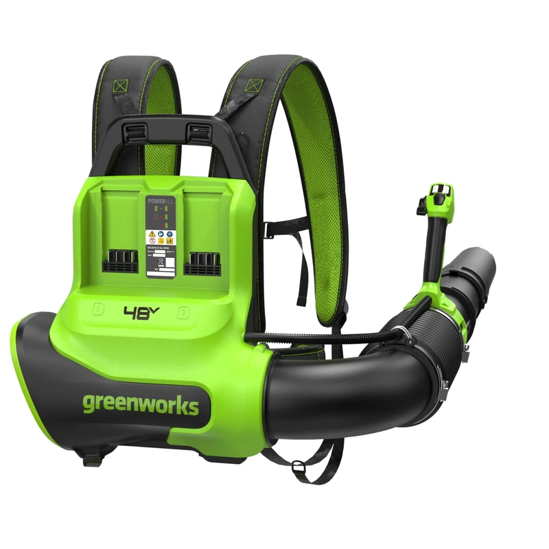 Greenworks 48V (24V x 2) Backpack Leaf Blower, Brushless Motor, 19.82 m³/min, 297km/h, QUIETFORCE Technology, 2x 8Ah USB Batteries & 140W USB-C Fast Charger Included BL48020A1
