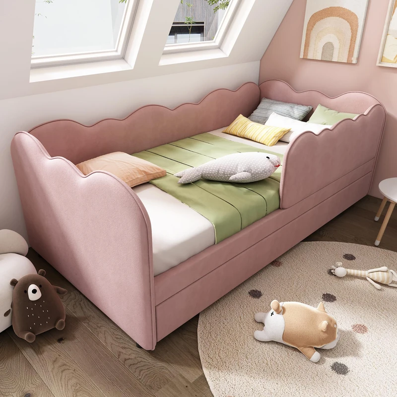 Ball & Cast Single Pink Upholstered Bed with Pull Out Bed, 3ft Single Trundle Day Bed, with Unique Cloud Shape, Slatted Frame, for Adults Children, Velvet/90x190cm(No Mattress)