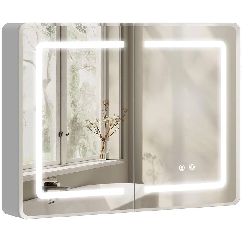 HOMCOM Bathroom Mirror Cabinet with LED Lights and Double-Sided Mirrors, 600 x 800 mm Aluminium Wall Mounted Bathroom Cabinet with Anti-Fog, 3 Colour Dimmable Lighting, Adjustable Shelves