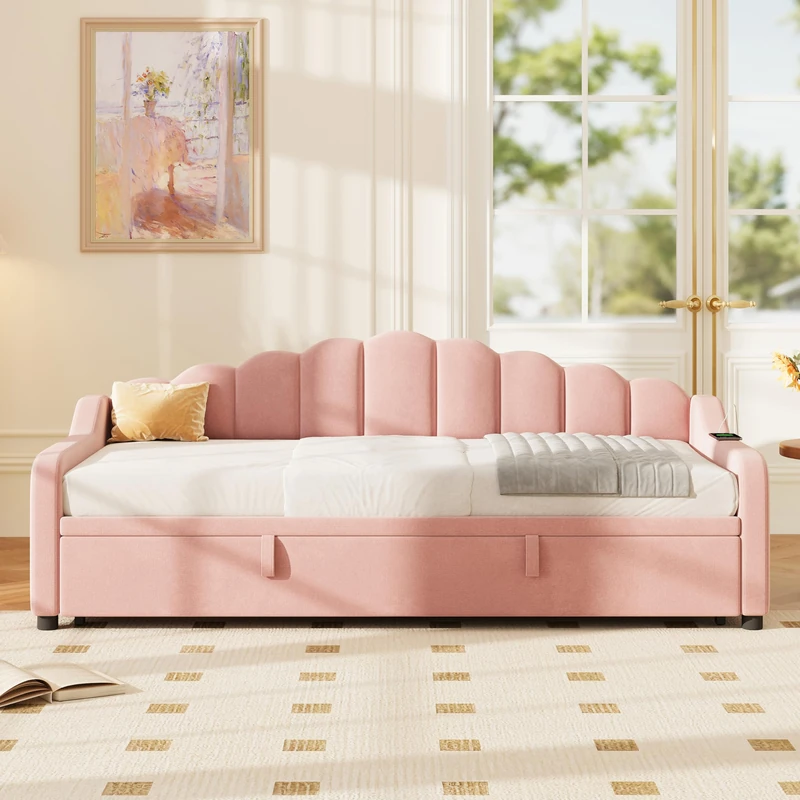 Ball & Cast 3ft Single Daybed with Pull out Trundle Bed&Charging Station&Storage, Functional Upholstered Bed Frame with Wooden Slats, Velvet Sofa Beds Guest Beds for Living Room&Bedroom, Pink