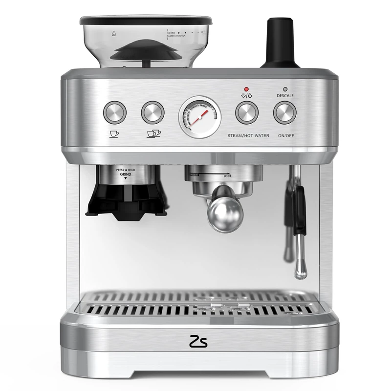 Garvee Automatic Italian Coffee Maker with Integrated Grinder – 15 Bars and PID Control – Professional Espresso at Home with Steam Nozzle, 2.3L Reservoir, Stainless Steel, Silver