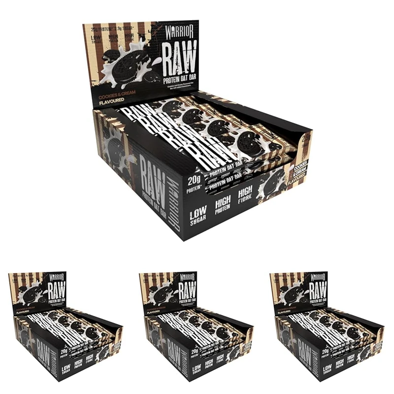 Warrior Raw Protein Bars – 20g Protein Per Bar – High Protein Snack Bars Multipack (12 or 24 Bars, 75g Each) – Low Sugar, High Fibre Breakfast & Meal Replacement Bar – Cookies and Cream Flapjack