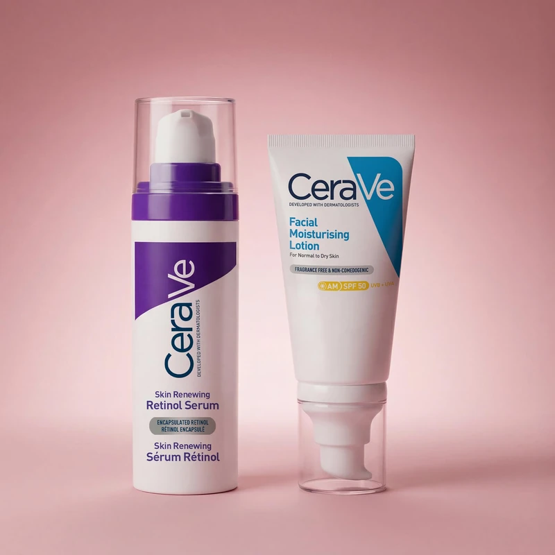 CeraVe Skin Renewing Retinol Anti-Aging Face Serum for Fine Lines & Discoloration, 30ml + CeraVe AM Facial Moisturising Lotion for Normal to Dry Skin with UV Protection, 52ml