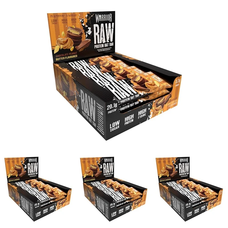 Warrior Raw Protein Bars – 20g Protein Per Bar – High Protein Snack Bars Multipack (12 or 24 Bars, 75g Each) – Low Sugar, High Fibre Breakfast & Meal Replacement Bar – Chocolate Peanut Flapjack