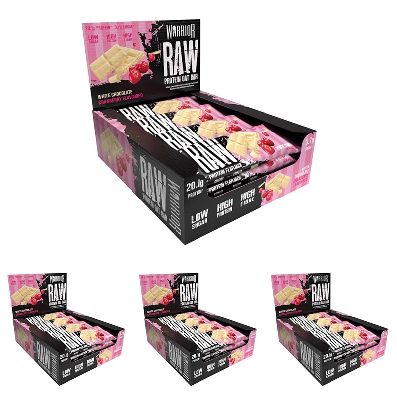 Warrior Raw Protein Bars 12 x 75g – High Protein Snacks, White Chocolate Cranberry – High Fibre Breakfast Bar, Low Sugar Meal Replacement Bars, Healthy Snacks On-the-Go, Rolled Oats Flapjack Multipack