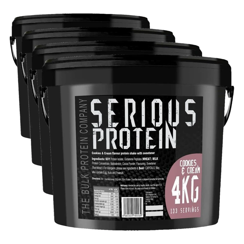 SERIOUS Protein – Protein Powder – 4kg – Low Carb – Supports Lean Muscle Growth – Recovery Supplement - The Bulk Protein Company - 133 Servings (Cookies & Cream) (Pack of 4)