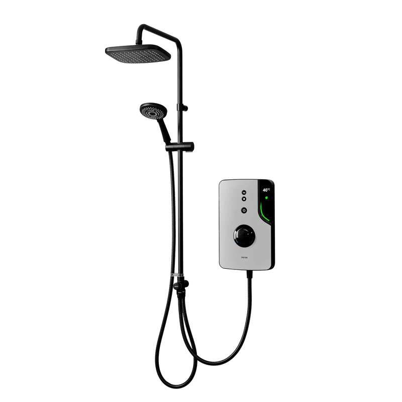 Triton Showers ENlight® | DuElec® | Thermostatic Electric Shower | 9.5 kW | Smart Shower | with Black Showerhead & Anti Twist Hose | Grey | Overhead Shower - Image 1