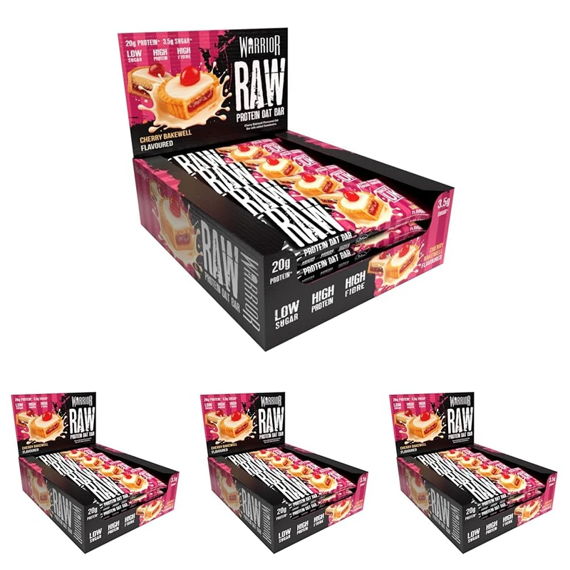 Warrior Raw Protein Bars – 20g Protein Per Bar – High Protein Snack Bars Multipack (12 or 24 Bars, 75g Each) – Low Sugar, High Fibre Breakfast & Meal Replacement Bar – Cherry Bakewell Flapjack