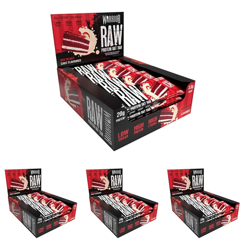 Warrior Raw Protein Bars – 20g Protein Per Bar – High Protein Snack Bars Multipack (12 or 24 Bars, 75g Each) – Low Sugar, High Fibre Breakfast & Meal Replacement Bar – Red Velvet Cake Flapjack