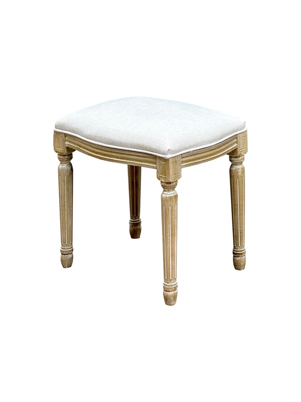 A ASPECT French Style Belle Dressing Table Stool,White Washed Solid Wood Legs,Padded Seat Cushion (Beige Cushion)