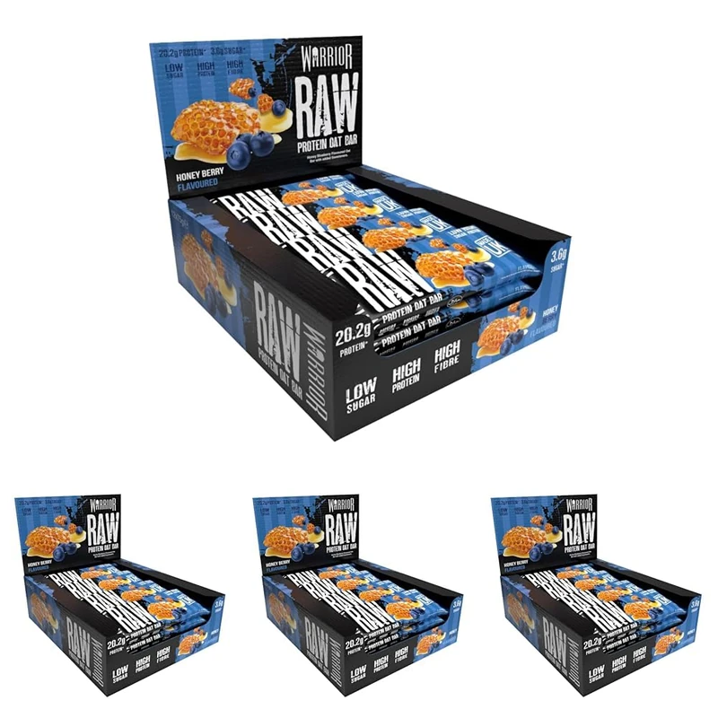 Warrior Raw Protein Bars – 20g Protein Per Bar – High Protein Snack Bars Multipack (12 or 24 Bars, 75g Each) – Low Sugar, High Fibre Breakfast & Meal Replacement Bar – Honey Berry Flapjack (Pack of 4)