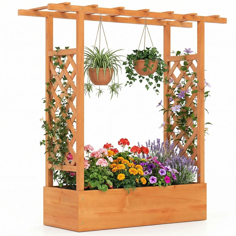 FANTASK 2-in-1 Raised Bed with Trellis, Flower Box with Trellis & Hanging Roof, Plant Pot for Climbing Plants, Hanging Baskets, Planter Box for Garden, Yard, Patio (Orange, 110 x 35 x 114 cm) - Image 1