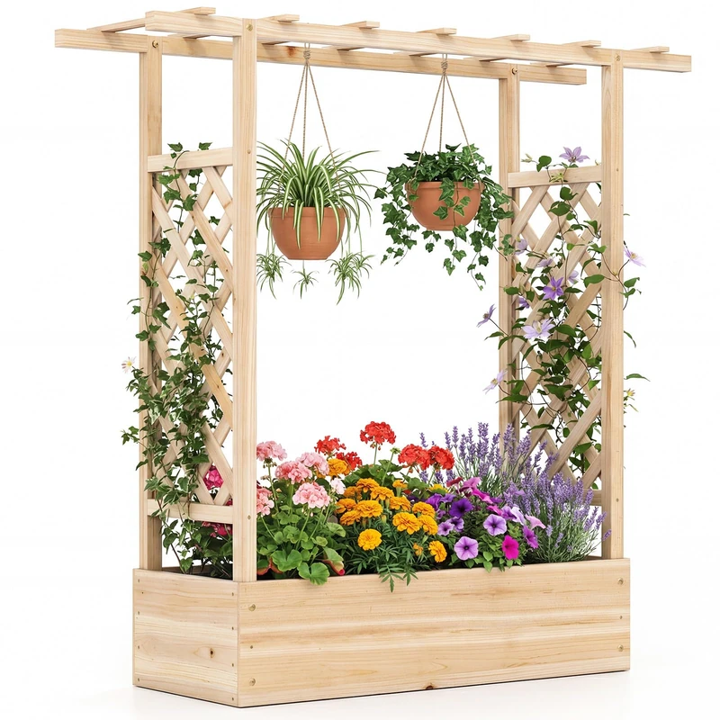 FANTASK 2-in-1 Raised Bed with Trellis, Flower Box with Trellis & Hanging Roof, Plant Pot for Climbing Plants, Hanging Baskets, Planter Box for Garden, Yard, Patio (Natural, 110 x 35 x 114 cm) - Image 1