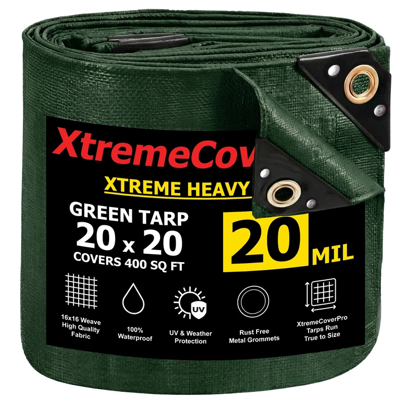 20' x 20' Green Tarp - 20mil | Heavy Duty & Waterproof | UV Protection + Brass Grommets Reinforced Corners Outdoor Storage 20x20 ft Rain Camping Tent Greenhouse roof Leak Ground Cover Leakproof Shed