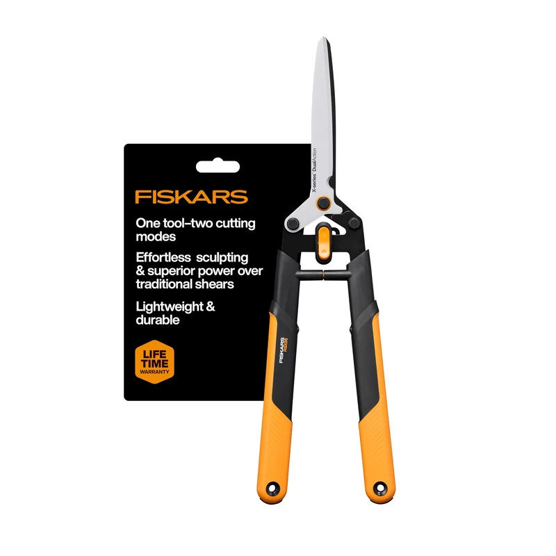 Fiskars DualAction Hedge Shears, 2-in-1 Fast Trimming & Power Cut Hedge Trimmer, Precision Ground Steel Blade for Clean Cuts, Shock Absorbing Bumper & Soft Grip Handle for Comfort