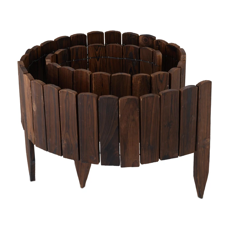 Relaxdays Wooden Flower Bed Edging, Flexible Lawn Border, 200cm, 20cm Height, Stake-In, Dark Brown