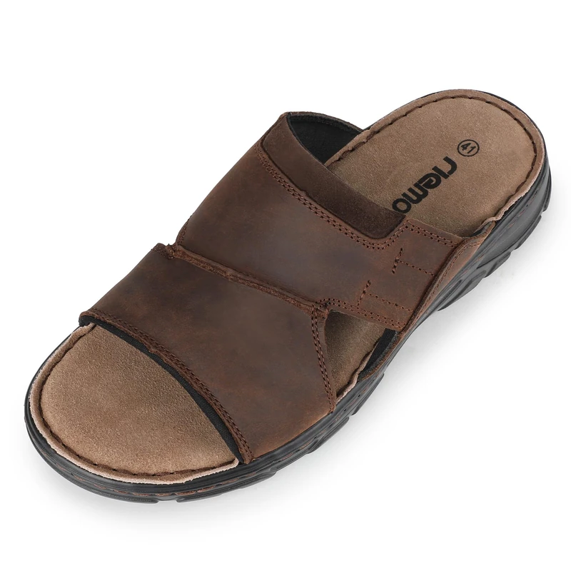 riemot Men's Leather Slide Sandals Open Toe Slip On Sandals for Men Brown Casual Summer Sandal Cushioned Comfortable Padded Strap Indoor Outdoor Garden Holiday Shoes UK 9