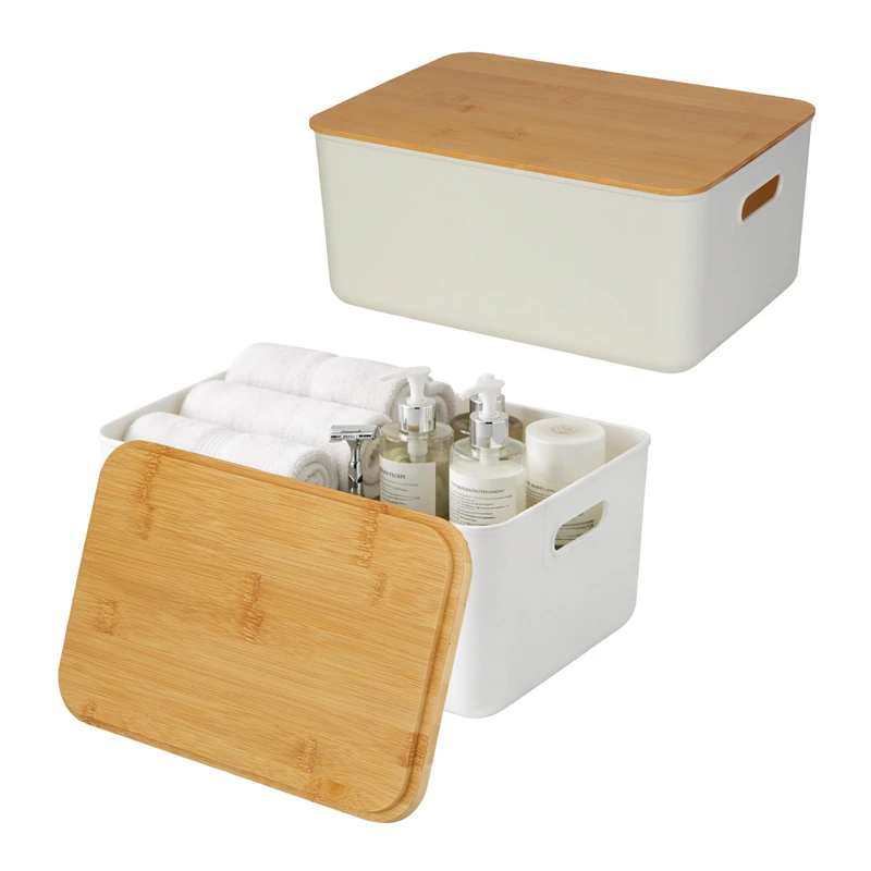 Relaxdays Storage Boxes Set of 2, Plastic with Bamboo Lids, Handles, 16x36x25 cm, White