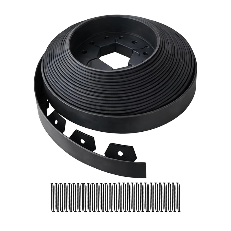 Relaxdays Lawn Edging 20 m x 5 cm Flexible Plastic Border with 60 Ground Anchors, Black