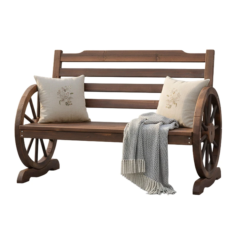 Relaxdays Wooden Garden Bench Wagon-Wheel, Rustic 2-Seater Outdoor Furniture, 77x112x52 cm, Brown - Image 1