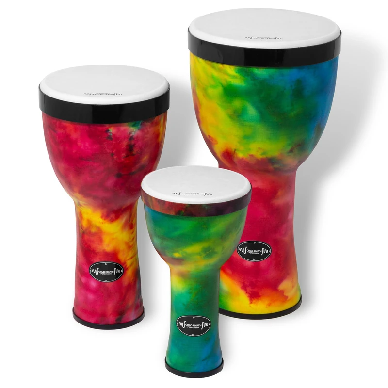 World Rhythm Nesting Djembe Drum Set 8" 10" 12" Pre-Tuned PVC Lightweight Percussion with Synthetic Heads Rainbow Design with Carry Bags for Students Teachers Schools Workshops Community Groups
