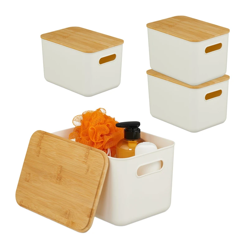 Relaxdays Storage Box Set of 4 with Bamboo Lids, Handles, Plastic Organizer, 16x26x17.5 cm, White