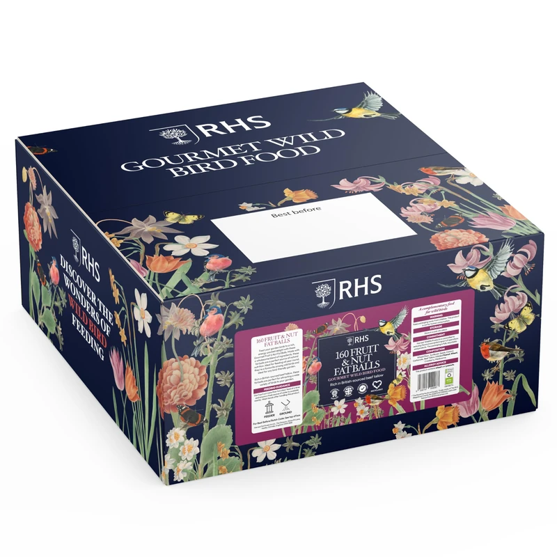 RHS Gourmet Fruit & Nut Fat Balls for Wild Birds, 160 Box - High-Energy Suet Feed with British-Sourced Beef Tallow - Complementary Bird Food - Sustainably Sourced & Manufactured In The UK