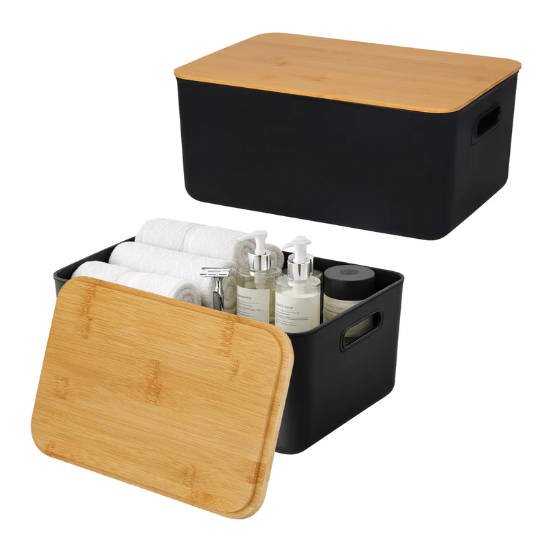 Relaxdays Storage Boxes Set of 2 with Lid, Plastic and Bamboo Handles, Organizer, 16x36x25 cm, Black