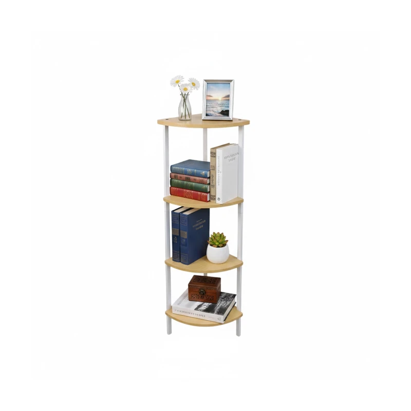 Relaxdays Corner Shelf with 4 Shelves, MDF & Metal, Natural/White, 125x44.5x31.5 cm Freestanding Living Room Shelf