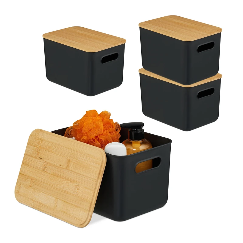 Relaxdays 4-Piece Storage Box Set with Lids, Handles, Plastic & Bamboo, 16×26×17.5 cm, Black