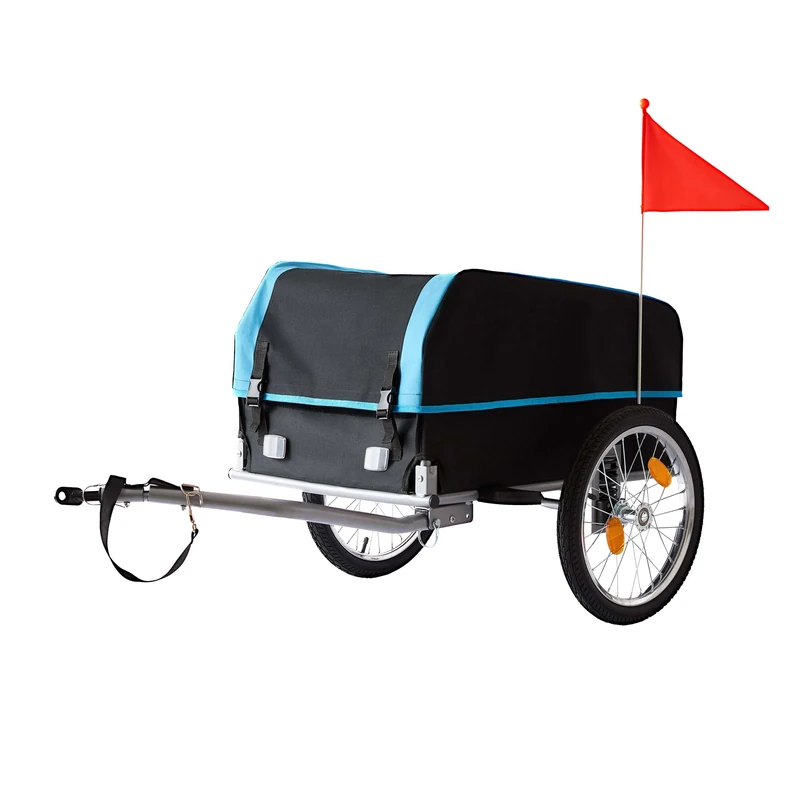 Relaxdays Bike Cargo Trailer, Foldable, 120L, Rain Cover, Safety Flag, 59x124x69 cm, Black-Blue