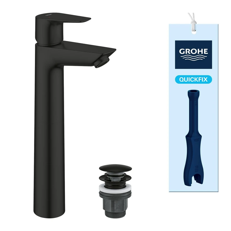 GROHE Start Edge QuickFix – Tall Basin Mixer Tap with Push-Open Waste Set for Free Standing Basins (XL-Size, 28mm Ceramic Cartridge, Water Saving, Tails 3/8 Inch, Tool Included), Matt Black, 237772431