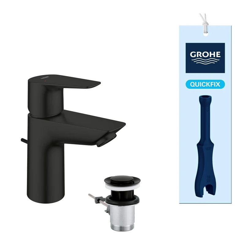 GROHE Start Edge QuickFix - Basin Mixer Tap with Pop-Up Waste Set (S-Size, 28 mm Ceramic Cartridge, Water Saving, Tails 3/8 Inch, QuickTool Included), Matt Black, 233422431