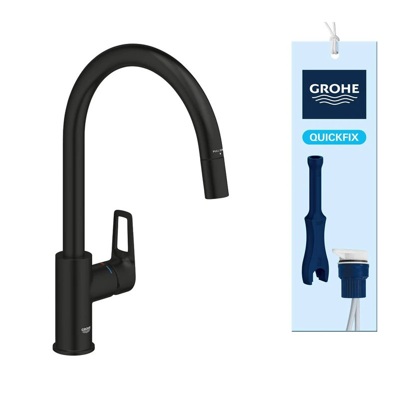 GROHE Start Loop QuickFix - Extendable Kitchen Mixer Tap with Pull-Out Function (High C-spout 357 mm, 360° Swivel Area, 28 mm Ceramic Cartridge, Tail 3/8 Inch, High Pressure), Matt Black, 305562430