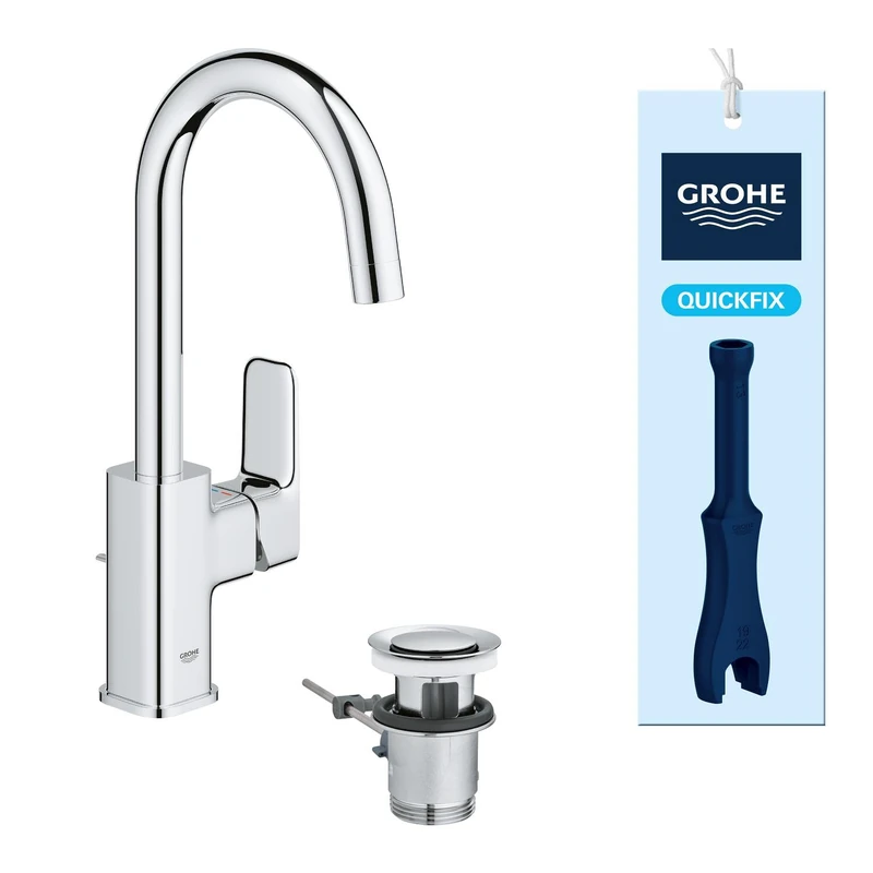 GROHE Dice - Basin Mixer Tap with Pop-Up Waste Set (L-Size, Swiveling C-Spout 90°, 28 mm Ceramic Cartridge, Energy Efficient & Water Saving, Tails 3/8 Inch, QuickTool Included), Chrome, 1018710000 - Image 1