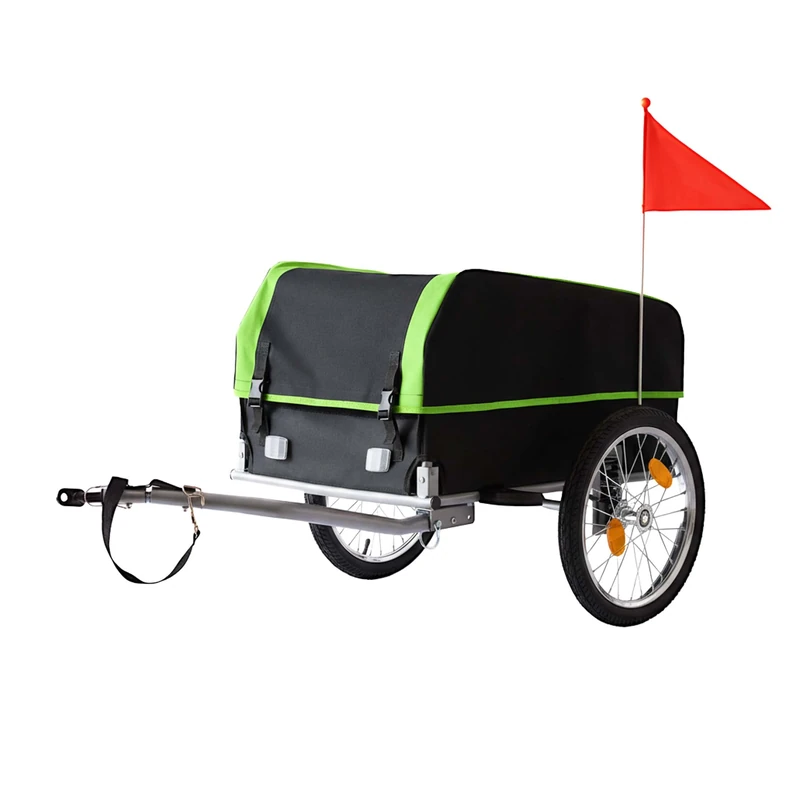 Relaxdays Bicycle Cargo Trailer, Foldable 120L, Rain Cover, Flag, 59x124x69cm, Black-Green