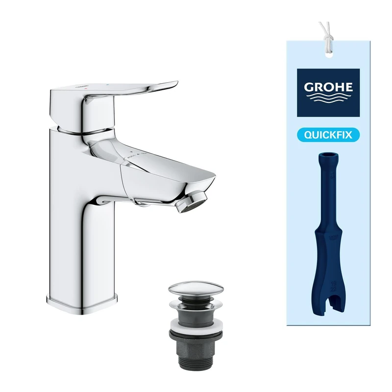 GROHE Dice – Smooth Body Pull Out Basin Mixer Tap with Push-Open Waste Set (M-Size, 28 mm Ceramic Cartridge, Magnetic Docking, Water Saving, Tails 3/8 Inch, QuickTool Included), Chrome, 1018680000