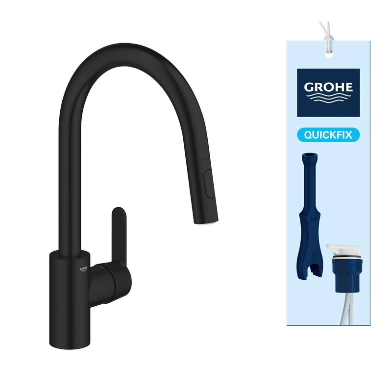 GROHE Get - Kitchen Sink Pull-Out Mixer Tap (2 Spray Options, High Spout 381mm, 360° Swivel Range, 35mm Ceramic Cartridge, Smooth Docking, Tails 3/8 Inch, QuickMount Included), Matt Black, 314842431