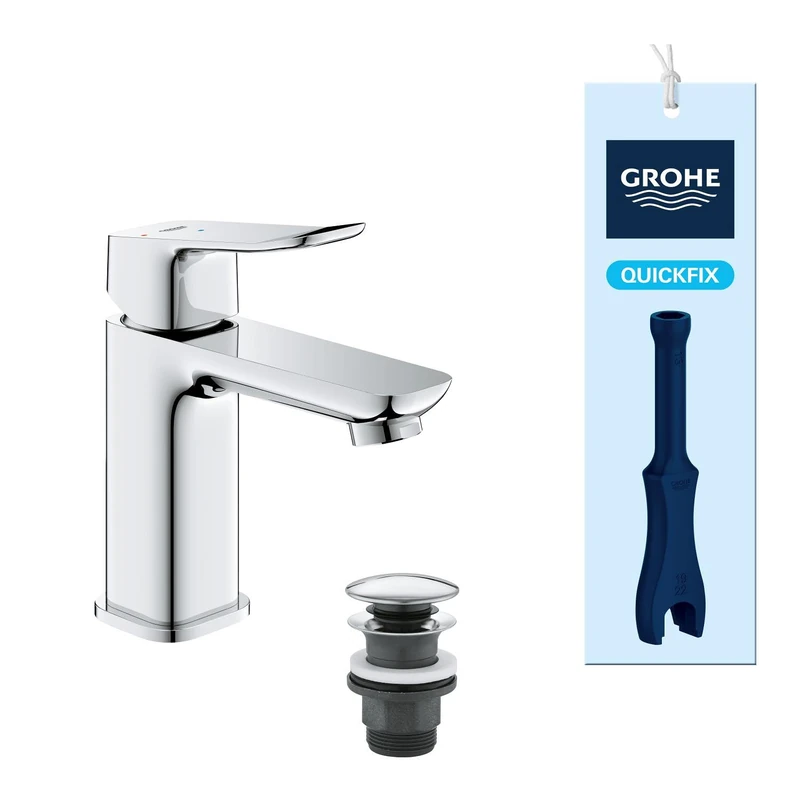 GROHE Dice – Smooth Body Basin Tap with Push-Open Waste Set (S-Size, 28 mm Ceramic Cartridge, Energy Efficient & Extra Water Saving Low Flow, Tails 3/8 Inch, QuickTool Included), Chrome, 1018600000 - Image 1