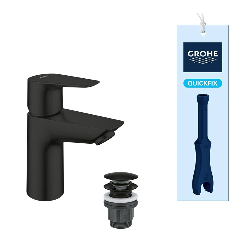 GROHE Start Edge QuickFix – Smooth Body Basin Mixer Tap with Push-Open Waste Set (S-Size, 28 mm Ceramic Cartridge, Energy- & Water Saving, Tails 3/8 Inch, QuickTool Included), Matt Black, 239002431