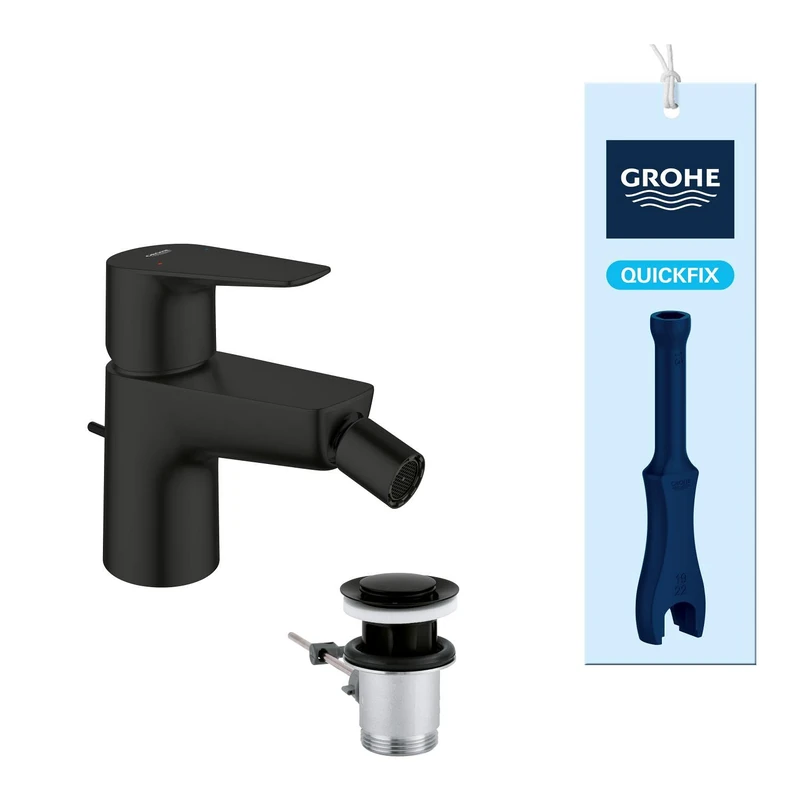 GROHE Start Edge QuickFix - Bidet Mixer Tap with Pop-Up Waste Set (28 mm Ceramic Cartridge, Water Saving, Tails 3/8 Inch, QuickTool Included), Matt Black, 233452431
