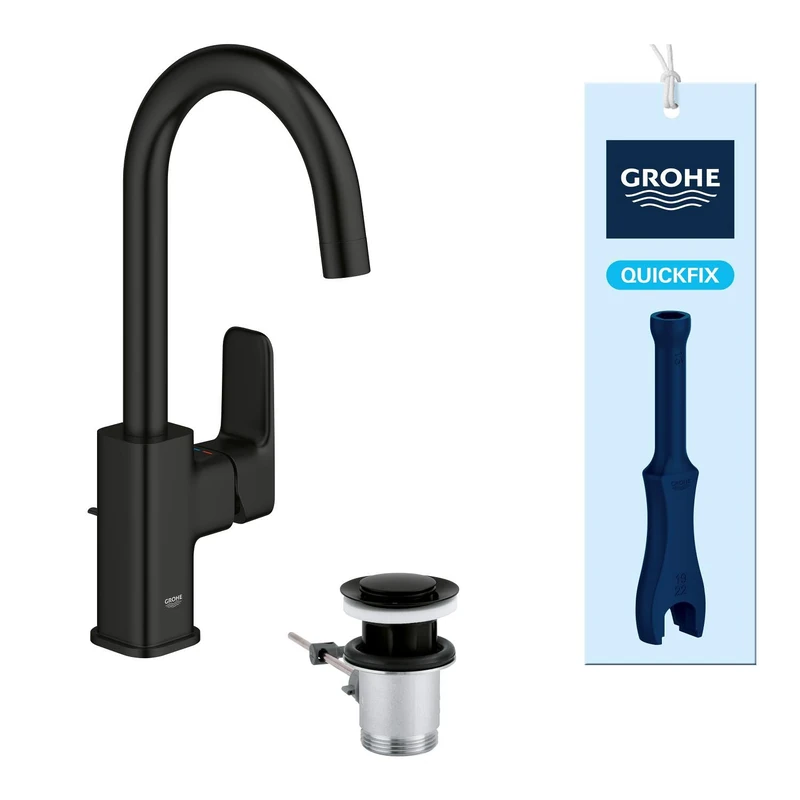 GROHE Dice - Basin Mixer Tap with Pop-Up Waste Set (L-Size, Swiveling C-Spout 90°, 28 mm Ceramic Cartridge, Energy Efficient & Water Saving, Tails 3/8 Inch, QuickTool Included), Matt Black, 1018712430