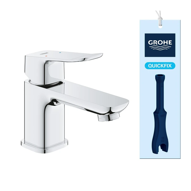 GROHE Dice – Smooth Body Basin Mixer Tap (XS-Size, 28 mm Ceramic Cartridge, Water Saving, Tails 3/8 Inch, QuickTool Included), Chrome, 1018550000