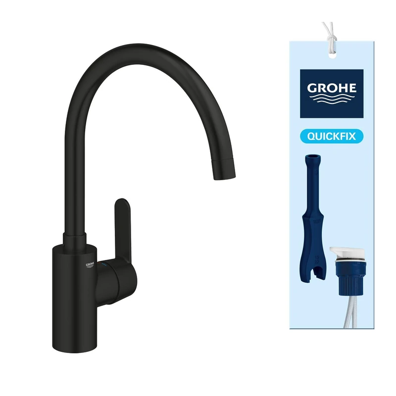 GROHE Get – 1 Lever Kitchen Mixer Tap (High C-Spout Size 353mm, Selectable Swivel Range, Ceramic Cartridge 35mm, Tails 3/8 Inch, Easy to Install with QuickMount), Matt Black, 314942431 - Image 1