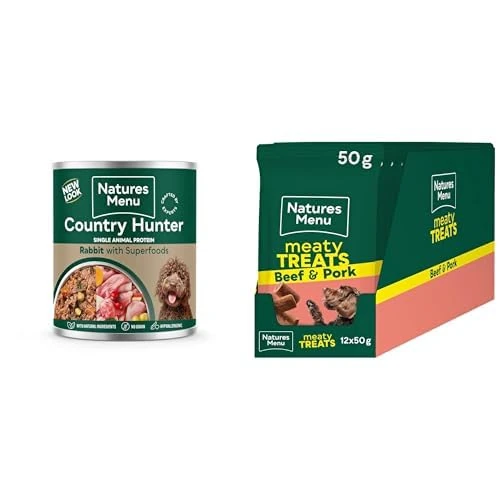 Natures Menu Country Hunter Dog Food Can Rabbit - 6 x 600g + Natures Menu Meaty Treats for Adult Dogs with Beef - 12 x 50g